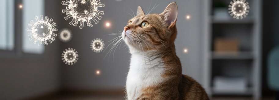 вокруг кошки шарики вирусов, она внимательно за ними следит, как за игрушкой